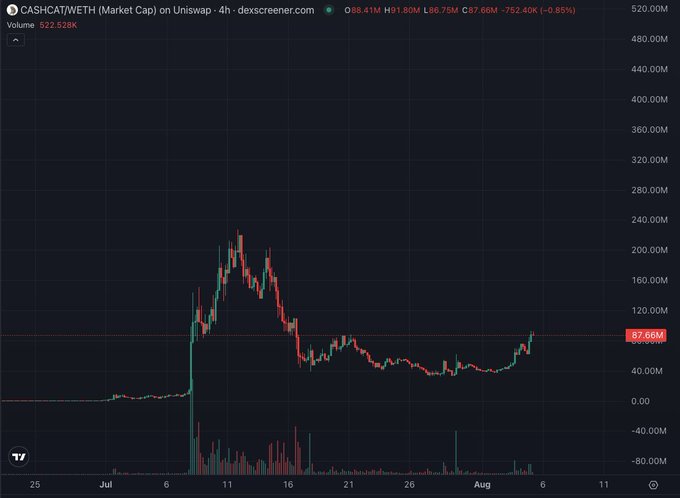 A trading chart from dex screener showing CASHCAT/WETH market cap on Uniswap, with a 4-hour timeframe displaying price movements from late June through early August.