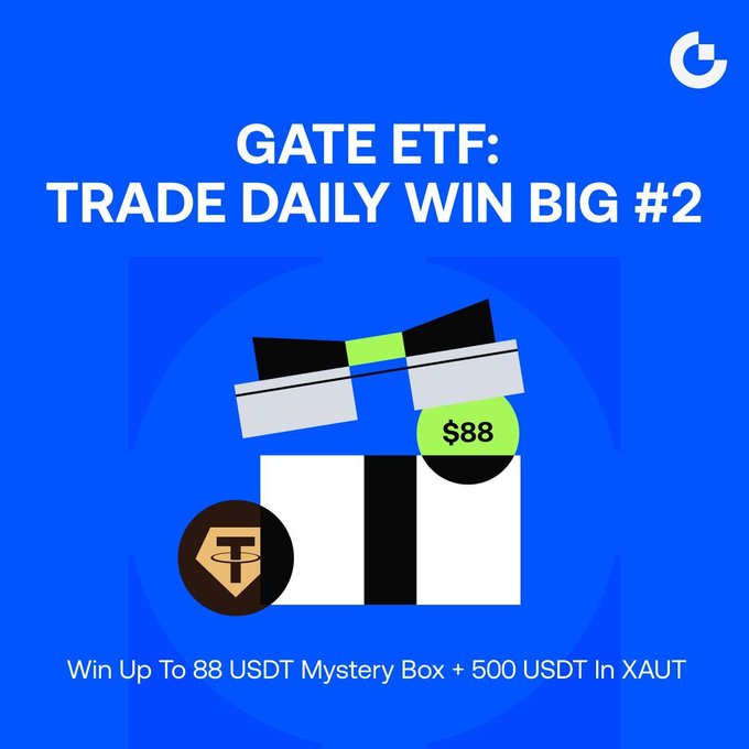 The image shows an advertisement for the Gate ETF Trade Daily, which appears as a black and white graphic design against a blue background. The text within the design indicates that the gate is currently trading daily. In the center of this visual, there's a small white box with a green dollar sign on it. This box contains a mystery code or token worth $88 USDT. Above the image, there is a banner promoting a rewards program for users to trade in and win. The text on the advertisement states that participants can receive up to $88,000 USDT in reward tokens after completing certain tasks related to the Gate ETF Trade Daily program. This message seems directly related to the visual elements of the image by reinforcing its connection with the advertised offerings.