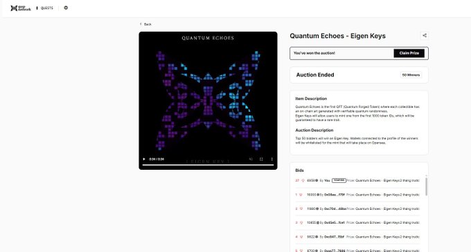 A screenshot of an XP Network auction page for 'Quantum Echoes - Eigen Keys', showing an ended auction with multiple bids visible on the right side.