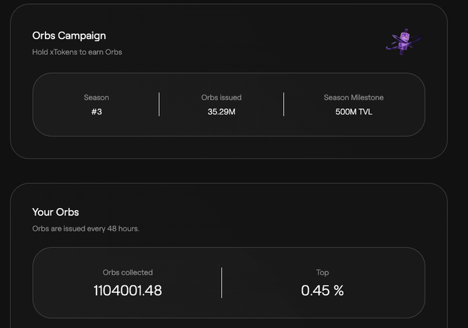 A dashboard showing 'Orbs Campaign' for Season #3 with 35.29M Orbs issued and a 500M TVL milestone, displaying 'Your Orbs' at 1104001.48 collected (0.45% top).