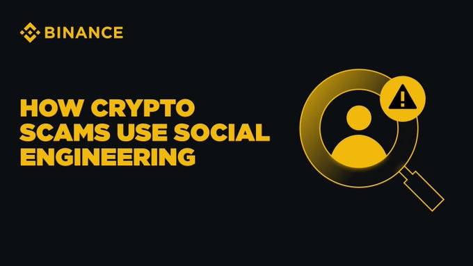 Binance educational graphic with black and yellow branding, titled 'HOW CRYPTO SCAMS USE SOCIAL ENGINEERING', featuring an icon of a person under a magnifying glass with a warning symbol.