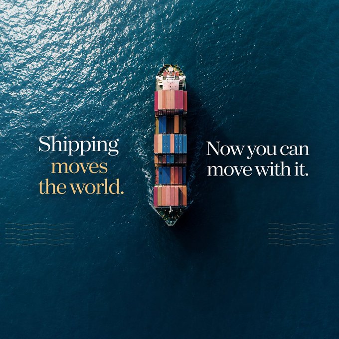 An overhead view of a container ship on the ocean, overlaid with text reading "Shipping moves the world. Now you can move with it."