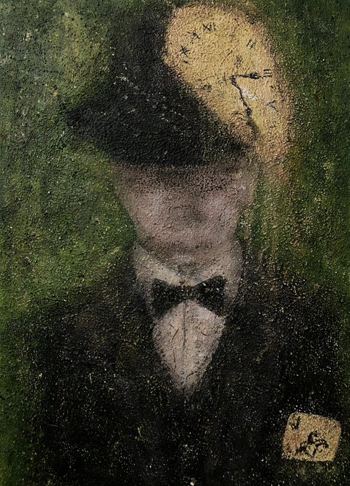 A dark, moody painting depicts a shadowy figure wearing a hat and bow tie against a green background, with a yellow skull-like shape above and a small signature in the corner.