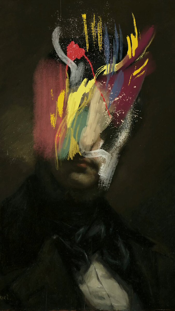The image features an abstract painting of a man's face, which has been altered by splatters of paint to create a unique and modern art piece. The painting is displayed against a dark background, making it stand out even more. The artist has used a technique called "digital art" to create this piece, where the colors are applied using digital tools instead of traditional paintbrushes or pigments. This fusion of classical portraiture with contemporary technology creates an interesting and thought-provoking visual experience for viewers.