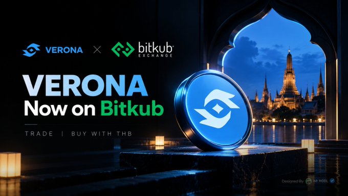 A promotional graphic for cryptocurrency 'VERONA' listing on 'Bitkub Exchange' featuring their logos, with 'TRADE | BUY WITH THB' text and a temple silhouette in the background.