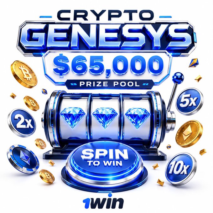 A promotional graphic for "Crypto Genesys" featuring a slot machine with diamond symbols, a "Spin to Win" button, a $65,000 prize pool, and multiplier chips (2x, 5x, 10x) alongside Bitcoin and Ethereum coins, branded with the "1win" logo—directly illustrating the casino game the author tried, highlighting its $65,000 prize pool and spin-to-win gameplay.