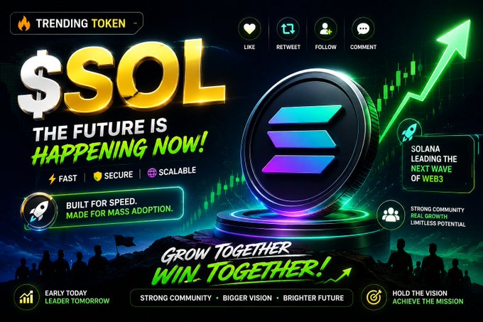 A promotional graphic for the cryptocurrency $SOL (Solana), featuring its logo, a rising green arrow, a rocket, and text like 'TRENDING TOKEN', 'THE FUTURE IS HAPPENING NOW!', and 'SOLANA LEADING THE NEXT WAVE OF WEB3'.
