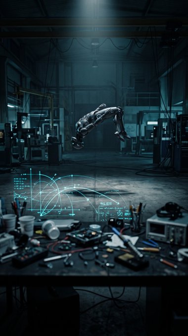 A futuristic laboratory scene displays a holographic graph over a messy desk covered in tools and components, with a floating mechanical robotic arm suspended in the background.