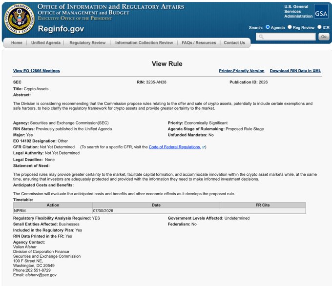 A screenshot of the Reginfo.gov "View Rule" page for SEC RIN 3235-AN38, titled "Crypto Assets," showing a proposed rulemaking stage that recommends SEC rules for crypto asset offerings to provide regulatory clarity and safe harbors.

The image relates to the post by showing an official U.S. government regulatory filing (SEC RIN 3235-AN38) concerning proposed crypto asset regulations, which underscores the user's point that despite regulatory headwinds like potential SEC rules, the market will continue moving forward and projects like PulseChain will prevail.