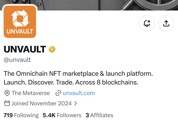 A Twitter/X profile for UNVAULT (@unvault) describing it as 'The Omnichain NFT marketplace & launch platform,' located in 'The Metaverse' with 5.4K followers and joined November 2024.