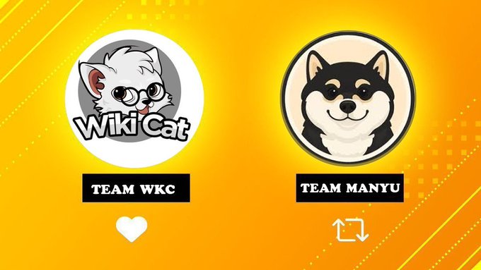 A yellow graphic comparing 'TEAM WKC' (featuring a white cat logo labeled 'Wiki Cat') and 'TEAM MANYU' (featuring a black and white Shiba Inu dog logo).