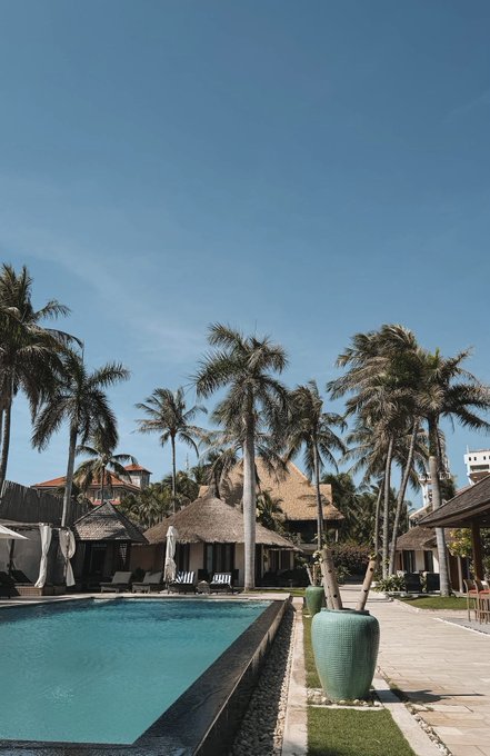A tropical resort scene features tall palm trees, a thatched-roof structure, a turquoise pool, and a large green ceramic vase under a clear blue sky.