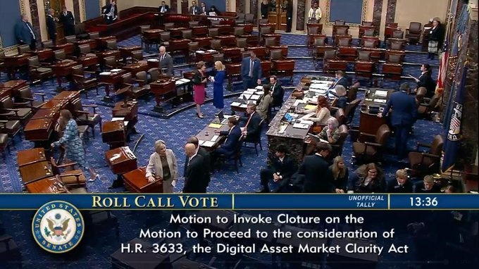 Screenshot from C-SPAN of a Roll Call Vote in the U.S. Senate on the motion to proceed to H.R. 3633, the Digital Asset Market Clarity Act, showing an unofficial tally of 13:36.