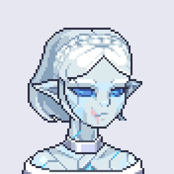 Pixel art portrait of a pale elf-like character with blue eyes, white hair, pointed ears, and a faint scar on the cheek.
