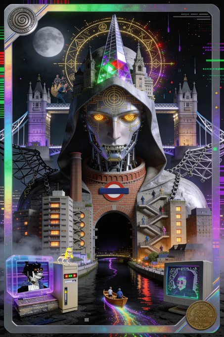 The image features a digital art piece that includes a robot, buildings, and people. The artwork has a futuristic theme with elements of technology and space exploration. There are also hints of a religious oracle theme present within the piece. The artist's name is mentioned in the caption, along with some social media handles like @R3ORDR and @Dario_Desiena. Additionally, there are mentions of other artists such as @beeple and @XCOPYART.