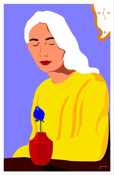A stylized digital illustration of a woman with white hair and red lips wearing a yellow sweater, with her eyes closed near a small red vase holding a blue flower, featuring a melting clock in the upper right corner.