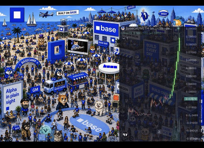 The image is a vibrant, pixel-art style illustration of a bustling "Basecamp" on a beach, filled with Base/Basecat mascots, blue and white branding, and slogans like "BUILD ON BASE," "BASECAMP," and "Alpha in plain sight." Overlaid on the right is a Basecat/WETH price chart showing a current value of 0.03579 (+0.59%), reflecting the post's bullish claim that Basecat (BASECAT) is an under-the-radar memecoin positioned for a massive breakout.