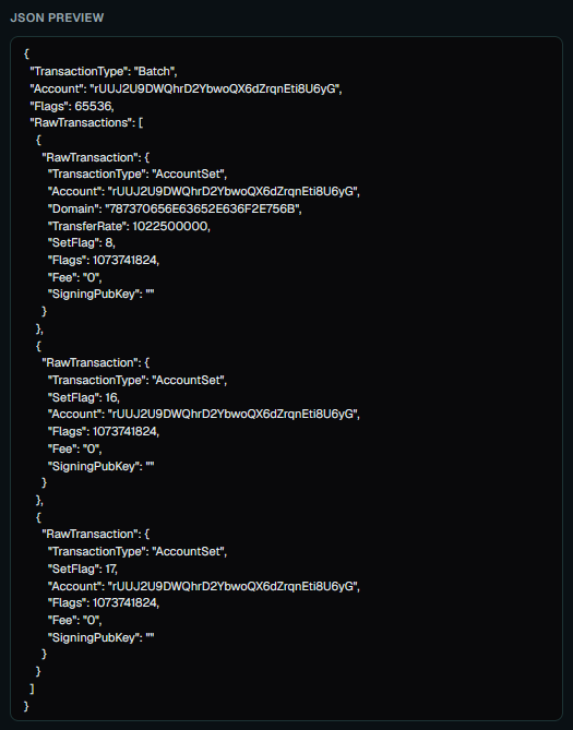 A code editor screenshot displaying a JSON preview of a transaction object containing an AccountSet transaction type with details including TransferRate, SetFlag, Flags, and Fee fields.