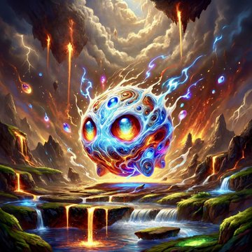 A fantasy digital artwork depicting a glowing, multicolored, porous sphere floating in a dramatic landscape with erupting volcanoes, lightning, waterfalls, and a waterfall cascading into a pool.