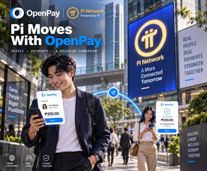 A promotional graphic for 'OpenPay' and 'Pi Network' with the headline 'Pi Moves With OpenPay.' It shows a man looking at a phone showing a '₱250.00' payment to 'Anna Reyes', with a billboard reading 'Pi Network A More Connected Tomorrow'.