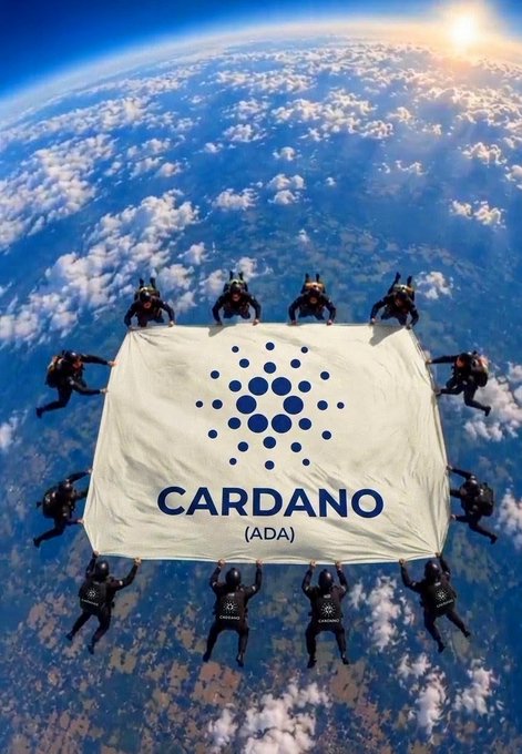 A digital artwork showing multiple skydivers holding a large white 'CARDANO (ADA)' flag while in freefall high above the Earth.