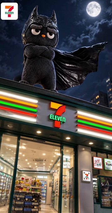 7-Eleven storefront at night with a large plush black cat figure wearing a Batman-style cape perched on the roof under a full moon.
