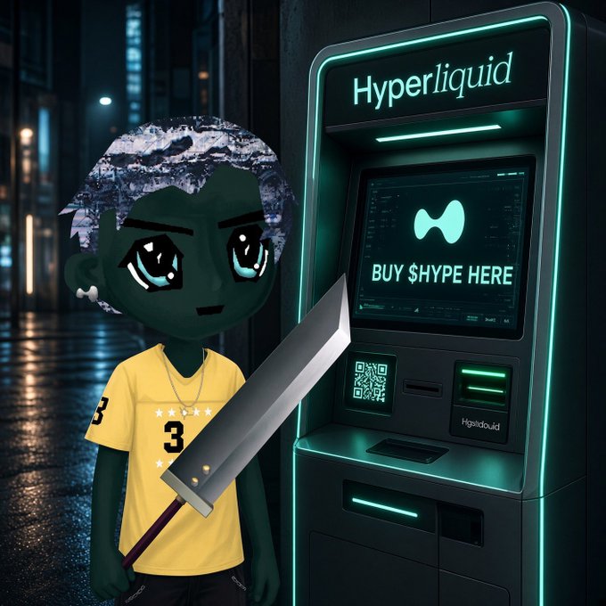 A digital artwork of an anime-style chibi character with icy blue hair holding a large sword, standing next to a 'Hyperliquid' cryptocurrency ATM that reads 'BUY $HYPE HERE'.