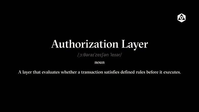A black slide with a dictionary-style definition: 'Authorization Layer (noun) — A layer that evaluates whether a transaction satisfies defined rules before it executes.'