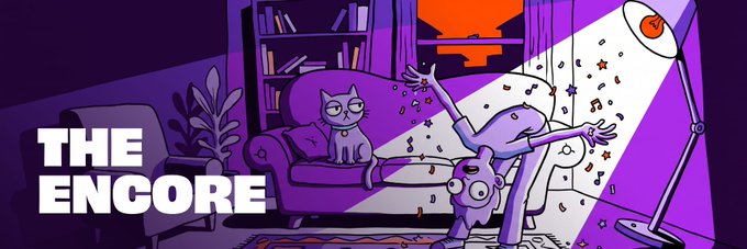 Cartoon illustration with purple and orange tones showing a cat on a chair and a dancing character, titled 'THE ENCORE' in large white text.