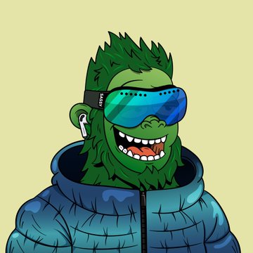 A cartoon illustration of a green, furry character (resembling a stylized gremlin or monster) wearing blue ski goggles and a blue puffer jacket, against a pale yellow background.