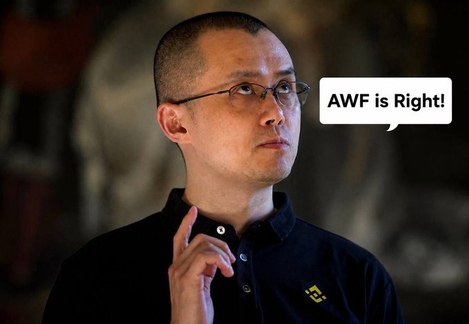 A photo of a man in glasses and a black polo shirt with a Binance logo, raising his finger, with a speech bubble reading 'AWF is Right!'.