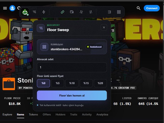 A screenshot of an NFT marketplace showing a 'Quick Mint' dialog for 'Floor Sweep' of a 'stonkbrokers' collection, with floor price $16.8K and 68 listed (1.5%).