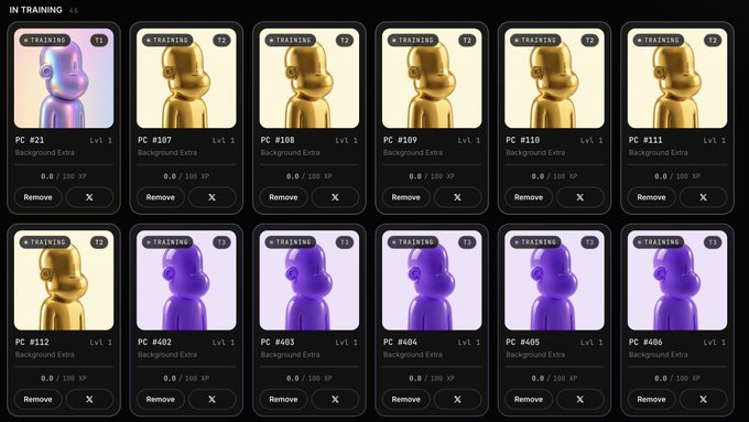 The image shows a grid of 12 Playable Characters (PCs) from what appears to be a blockchain-based game, all marked as "IN TRAINING" with T2 levels and 0.0/100 XP progress. The characters are holographic figurine-like avatars numbered #21, #107, #108, #109, #110, #111, #112, #402, #403, #404, #405, and #406, each labeled "Background Extra" with a "Remove" button option. This visually supports the post's humor about sending characters to training at the NPC (Non-Player Character) level, as all characters share the basic "Background Extra" designation.