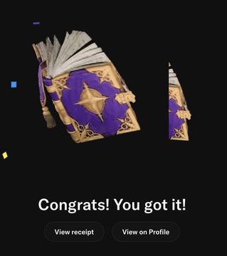 A 3D render of an ornate purple and gold book with a star emblem, displayed on a black background with the text "Congrats! You got it!" and buttons for "View receipt" and "View on Profile."