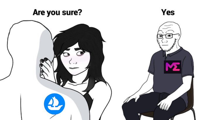 A Wojak-style meme showing a sad woman asking a Wojak figure with an OpenSea logo 'Are you sure?' while a bearded Wojak wearing a MetaMask shirt replies 'Yes'.