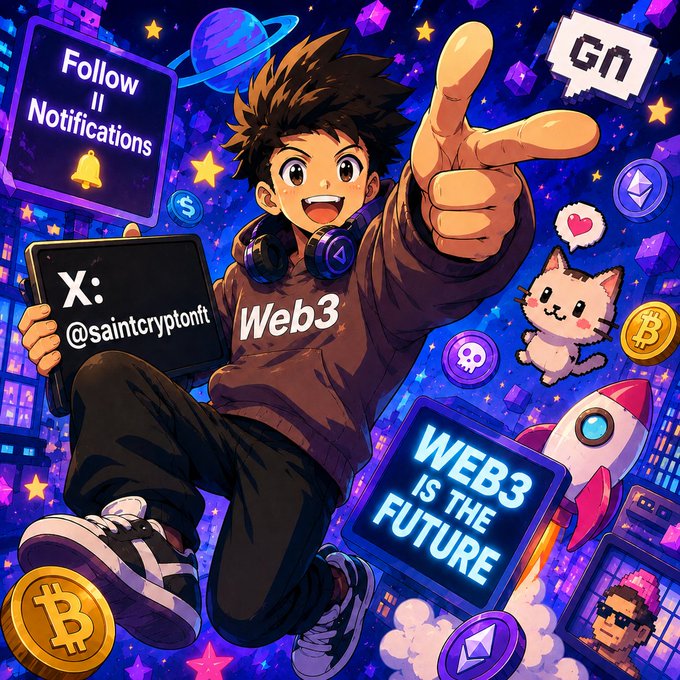 An anime-style promotional graphic features a young man wearing a 'Web3' hoodie pointing forward, holding a tablet displaying '@saintcryptoft' on X, with various crypto symbols, a cat, a rocket, and the text 'Follow !! Notifications' and 'WEB3 IS THE FUTURE'.