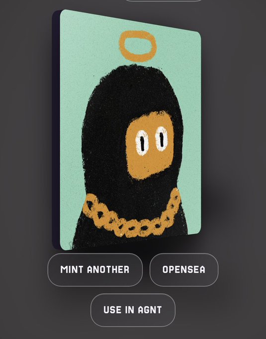 A digital NFT-style artwork of a figure in a black hoodie with a golden chain and halo, displayed above buttons reading 'MINT ANOTHER', 'OPENSEA', and 'USE IN AGNT'.