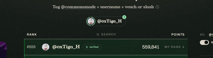 A leaderboard interface shows user '@oxTigo_H' with a verified badge at rank #888 and 559,841 points, tagged under '@commonsmade'.