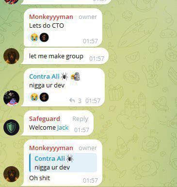 A group chat shows members "Monkeyyyman," "Contra Ali," and "Safeguard" discussing development plans, with Monkeyyyman announcing "Lets do CTO" and welcoming "jack," while the post "Onchain heating up fast" captures the energetic, fast-paced collaborative atmosphere among the group.