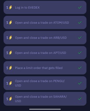 A mobile app task list showing completed actions (marked with green checkmarks) on the EVEDEX platform, including logging in, opening and closing trades on ATOM/USD, ARB/USD, APT/USD, PENGU/USD, and SAHARA/USD, plus placing a limit order. Each completed task is worth 1 token.