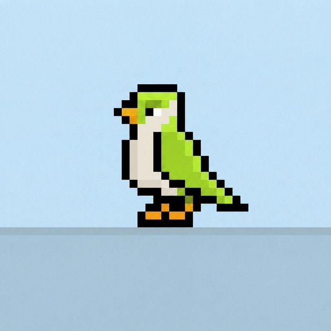 A pixel art sprite of a green parrot with an orange beak and feet, standing on a light blue surface.
