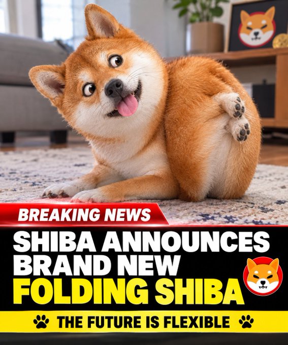 A humorous fake breaking news graphic with text 'SHIBA ANNOUNCES BRAND NEW FOLDING SHIBA' and 'THE FUTURE IS FLEXIBLE', showing a smiling Shiba Inu dog contorted on a rug with a cartoon Shiba icon.