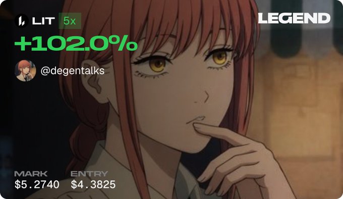 An anime-style meme featuring a red-haired character from Chainsaw Man displays trading metrics for $LIT, showing a +102.0% gain marked as "LEGEND" with a 5x leverage tag, crediting @degentalks. The image celebrates the successful trade call shared by @DeadSeaTrader, as referenced in the caption.
