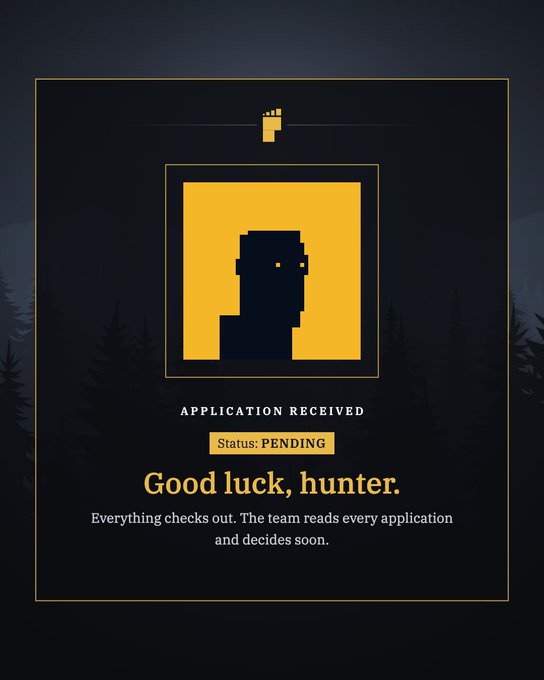 A dark-themed application confirmation screen displays a pixelated silhouette avatar within a yellow square frame, with the text "APPLICATION RECEIVED," "Status: PENDING," and "Good luck, hunter." This reflects the post's discussion of ZEC whitelist applications, where users are seeking coveted early access spots to mint NFTs, capturing the excitement of the application's pending status.