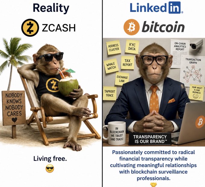 A cartoon monkey, wearing a suit and tie, sits on a beach chair with sunglasses, while another cartoon monkey, dressed as a Bitcoin enthusiast, sits at a desk with a laptop and a whiteboard filled with notes.