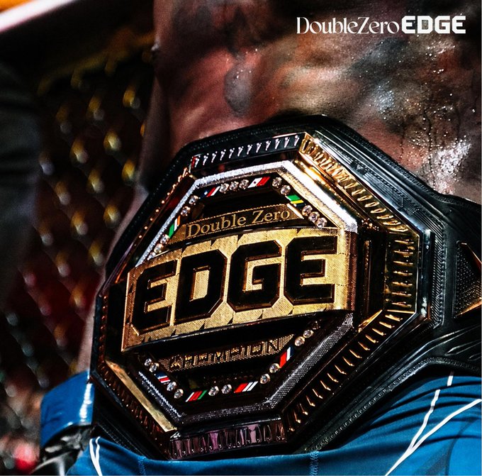 A UFC fighter holds the championship belt emblazoned with "Double Zero EDGE," "EDGE," and "CHAMPION" alongside the Italian flag colors, visually tying the octagon's prestige to DoubleZero Edge's Wall Street-grade infrastructure for trading UFC 331 prediction markets on Kalshi.