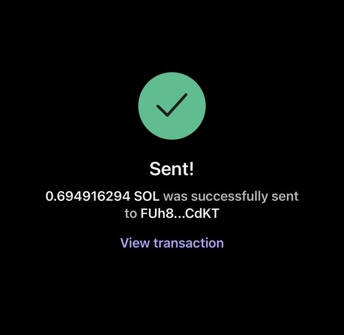 A confirmation screen displays a green checkmark with "Sent!" and shows that 0.694916294 SOL was successfully sent to address FUh8...CdKT, with a "View transaction" link, corresponding to the ~$50 payment mentioned in the post.