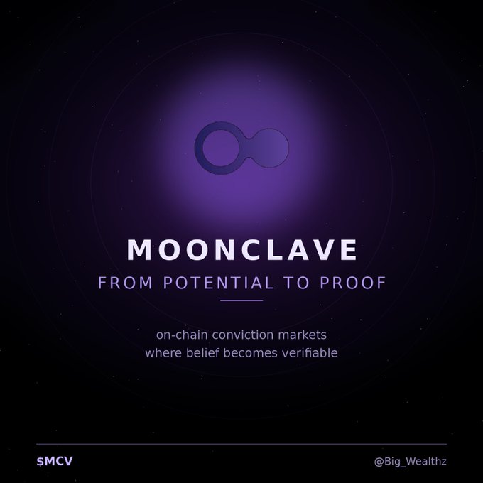 A dark purple promotional graphic for 'MOONCLAVE' with the tagline 'FROM POTENTIAL TO PROOF' and 'on-chain conviction markets where belief becomes verifiable,' featuring the $MCV ticker and @Big_Wealthz handle.