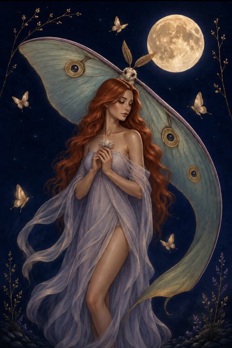 A fantasy illustration depicts a red-haired fairy woman with large moth-like wings, holding a white flower, set against a night sky with a full moon and flying butterflies.