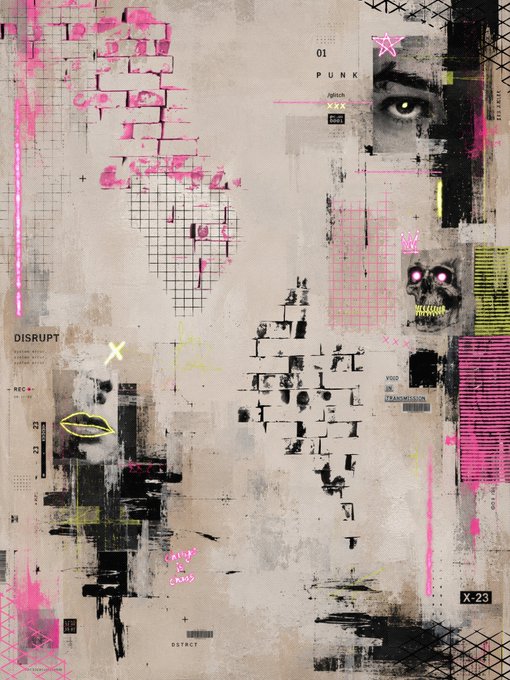 A chaotic mixed-media digital collage featuring grunge textures, glitchy pixelated brick patterns, and an intense glowing eye, with fragmented text including "DISRUPT," "PUNK," "X-23," and "VOID CHAOS" scrawled across the composition in pink and black—the punk aesthetic and corrupted typography directly embodying the "Void Chaos IV" title from the @objktcom post.